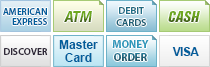 We accept American Express, ATM, Debit Cards, Cash, Discover, MasterCard, Money Order and Visa.